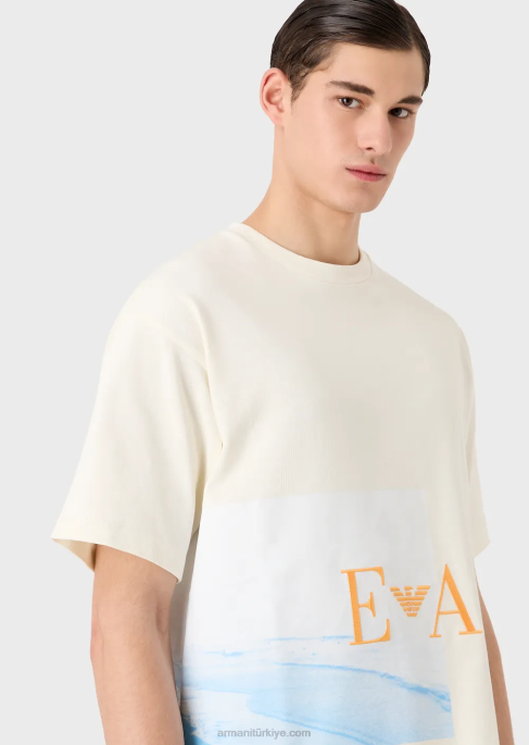 erkekler Armani plaj baskılı ve ea işlemeli ağır jarse tişört beyaz T8HD1700
