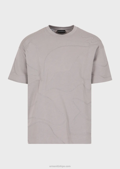 erkekler Armani renk uyumlu büyük beden kamuflaj işlemeli ağır jarse tişört gri T8HD1677