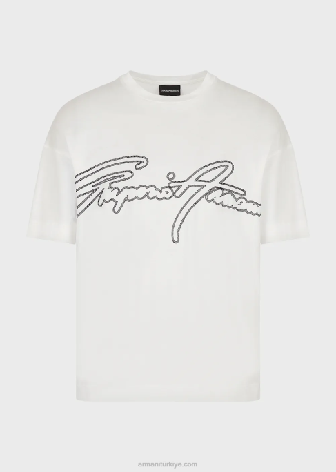 erkekler Armani üst dikişli imza logo işlemeli tencel karışımlı jarse tişört beyaz T8HD1650