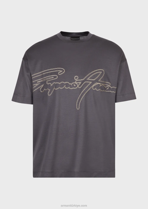 erkekler Armani üst dikişli imza logo işlemeli tencel karışımlı jarse tişört koyu gri T8HD1652