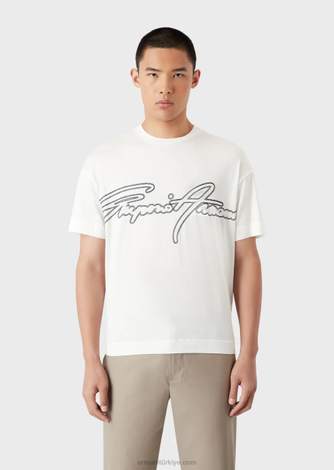 erkekler Armani üst dikişli imza logo işlemeli tencel karışımlı jarse tişört koyu gri T8HD1652