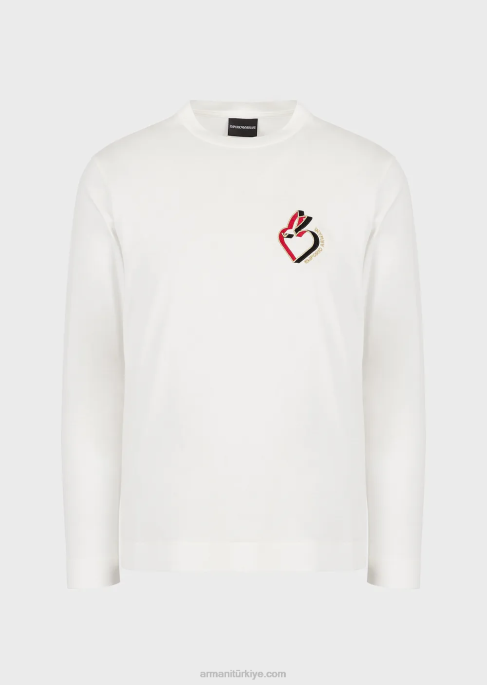 erkekler Armani tavşan işlemeli tencel karışımlı jarse kazak beyaz T8HD1659