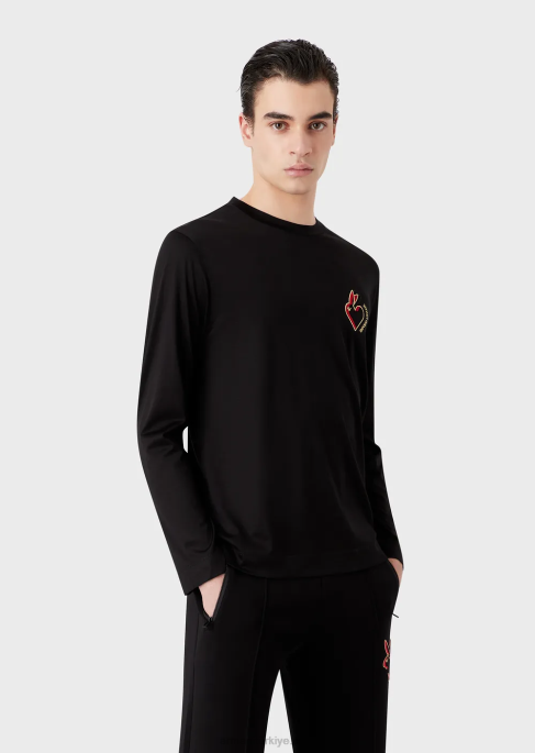 erkekler Armani tavşan işlemeli tencel karışımlı jarse kazak siyah T8HD1658