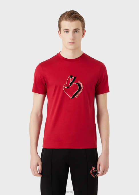 erkekler Armani tavşan işlemeli tencel karışımlı jarse tişört kırmızı T8HD1657