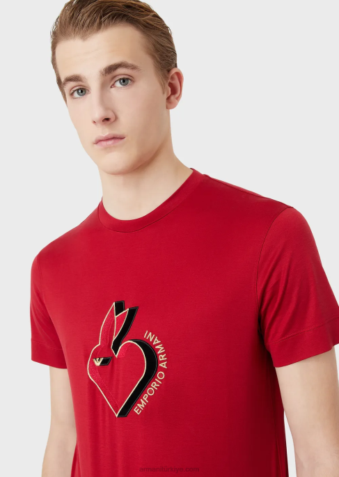 erkekler Armani tavşan işlemeli tencel karışımlı jarse tişört kırmızı T8HD1657