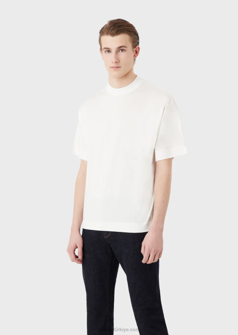 erkekler Armani tencel karışımlı jarse bol kesim tişört beyaz T8HD1662