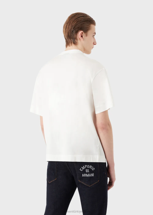 erkekler Armani tencel karışımlı jarse bol kesim tişört beyaz T8HD1662