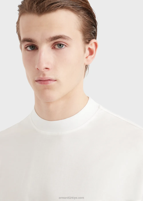 erkekler Armani tencel karışımlı jarse bol kesim tişört beyaz T8HD1662