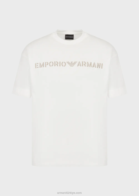 erkekleraskeri yazı tipinde emporio armani işlemeli ağır jarse tişört beyaz T8HD1627