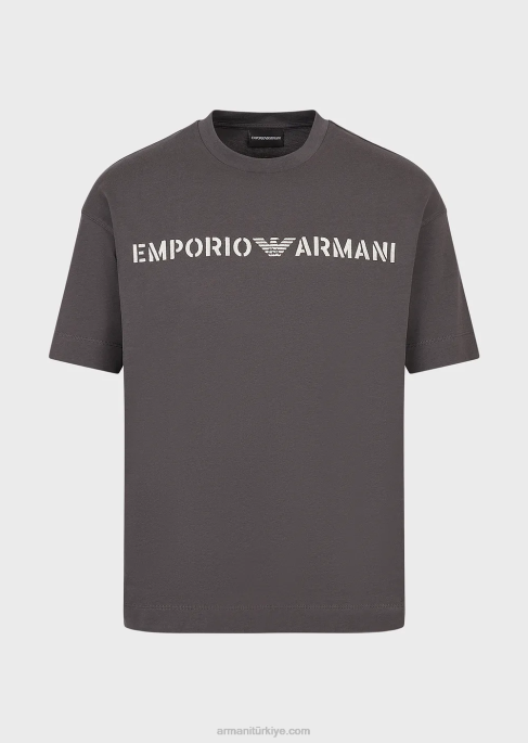erkekleraskeri yazı tipinde emporio armani işlemeli ağır jarse tişört koyu gri T8HD1623