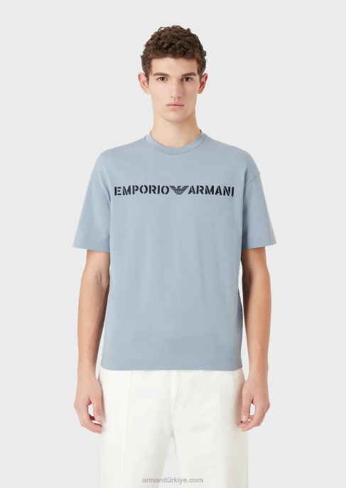 erkekleraskeri yazı tipinde emporio armani işlemeli ağır jarse tişört masmavi T8HD1624