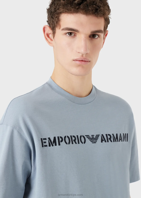 erkekleraskeri yazı tipinde emporio armani işlemeli ağır jarse tişört masmavi T8HD1624