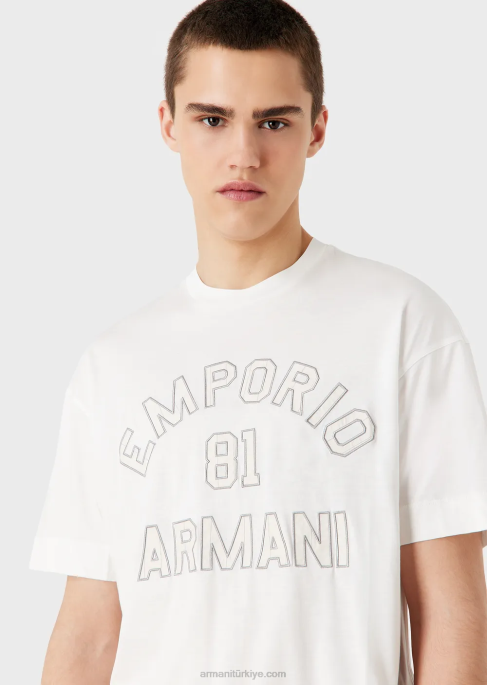 erkekleremporio armani 81 konturlu yamalı tencel karışımlı jarse tişört beyaz T8HD1610