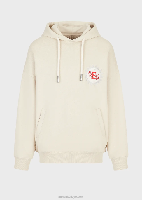 erkekler Armani Organik şeftali derisi yamalı sürdürülebilir koleksiyon kapüşonlu sweatshirt bej T8HD1433