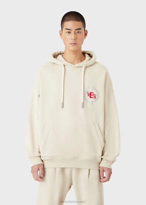 erkekler Armani Organik şeftali derisi yamalı sürdürülebilir koleksiyon kapüşonlu sweatshirt bej T8HD1433