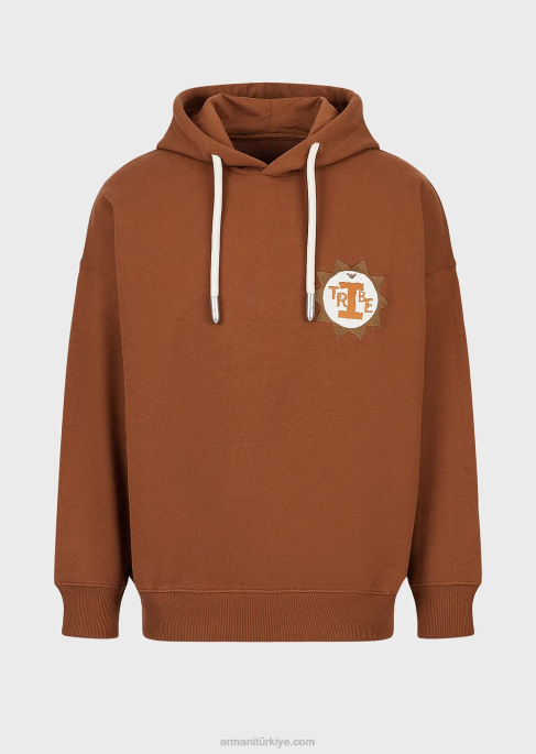 erkekler Armani Organik şeftali derisi yamalı sürdürülebilir koleksiyon kapüşonlu sweatshirt deve T8HD1432
