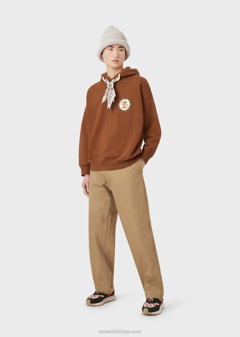 erkekler Armani Organik şeftali derisi yamalı sürdürülebilir koleksiyon kapüşonlu sweatshirt deve T8HD1432