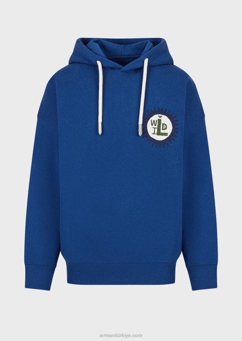 erkekler Armani Organik şeftali derisi yamalı sürdürülebilir koleksiyon kapüşonlu sweatshirt mavi T8HD1434