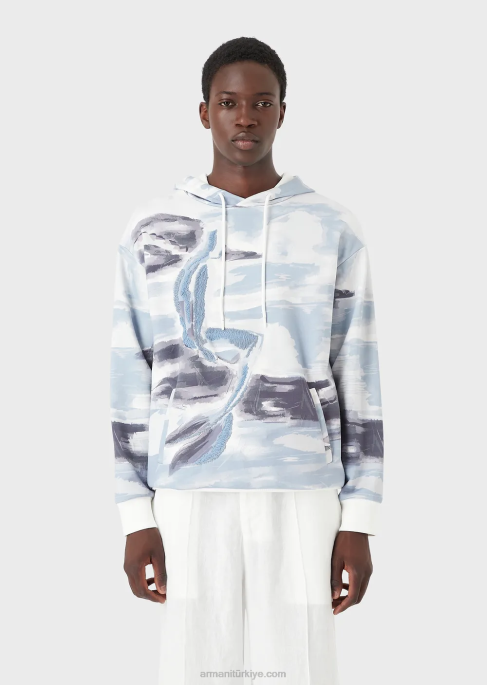 erkekler Armani Suluboya baskılı ve merman işlemeli kapüşonlu sweatshirt model T8HD1592