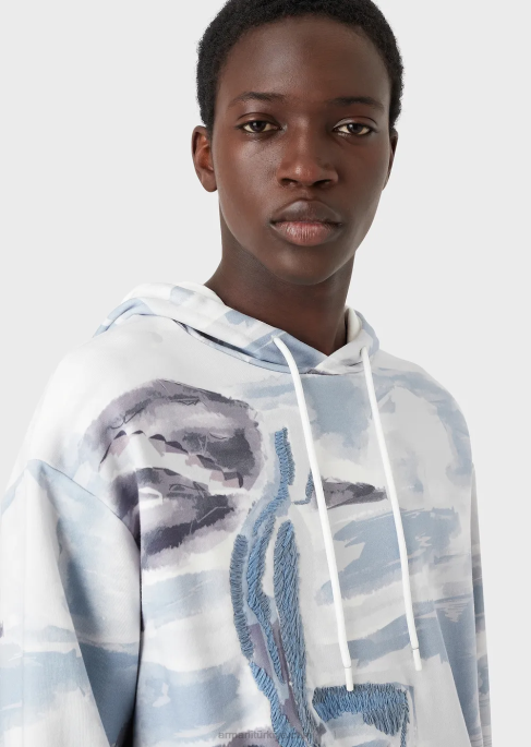 erkekler Armani Suluboya baskılı ve merman işlemeli kapüşonlu sweatshirt model T8HD1592