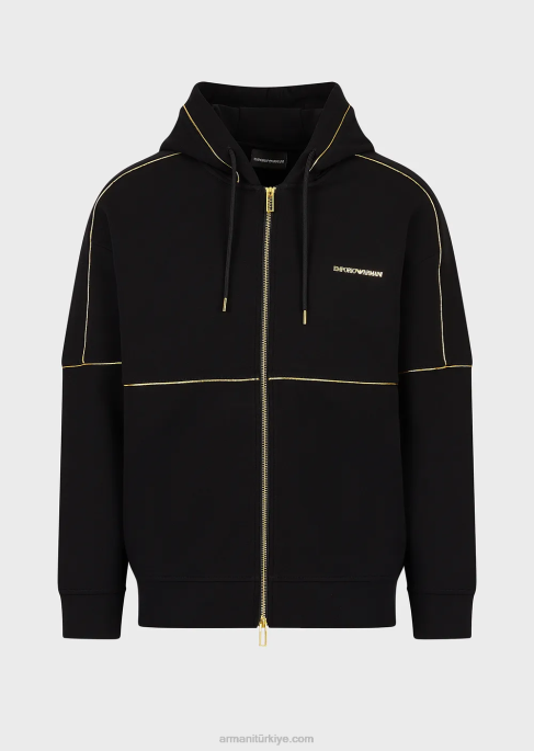 erkekler Armani altın detaylı ve logolu çift jarse kapüşonlu fermuarlı sweatshirt siyah T8HD1581