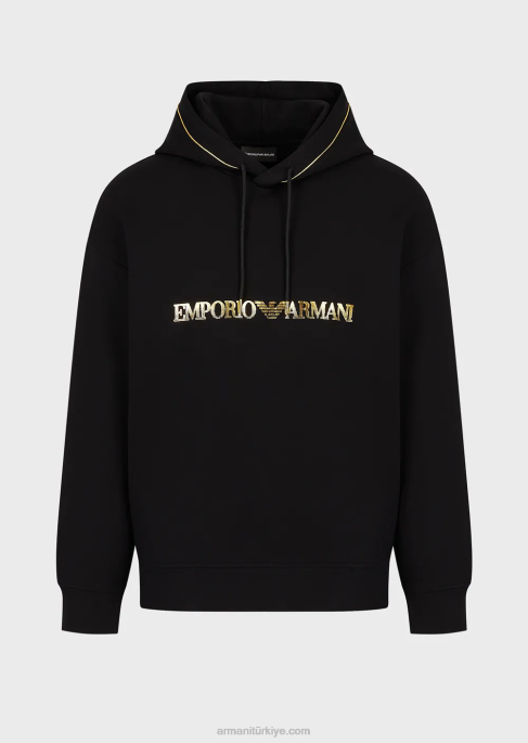 erkekler Armani altın detaylı ve logolu çift jarse kapüşonlu sweatshirt siyah T8HD1582