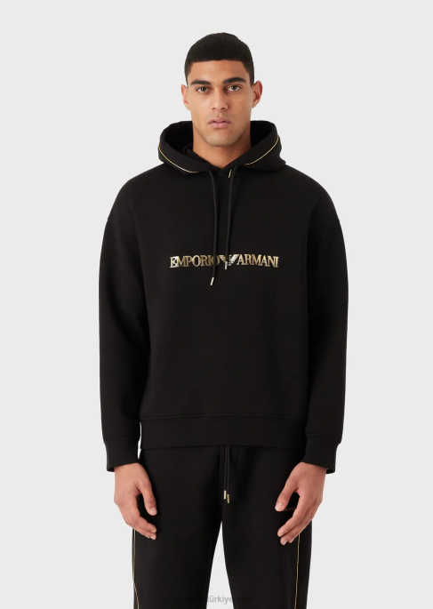 erkekler Armani altın detaylı ve logolu çift jarse kapüşonlu sweatshirt siyah T8HD1582