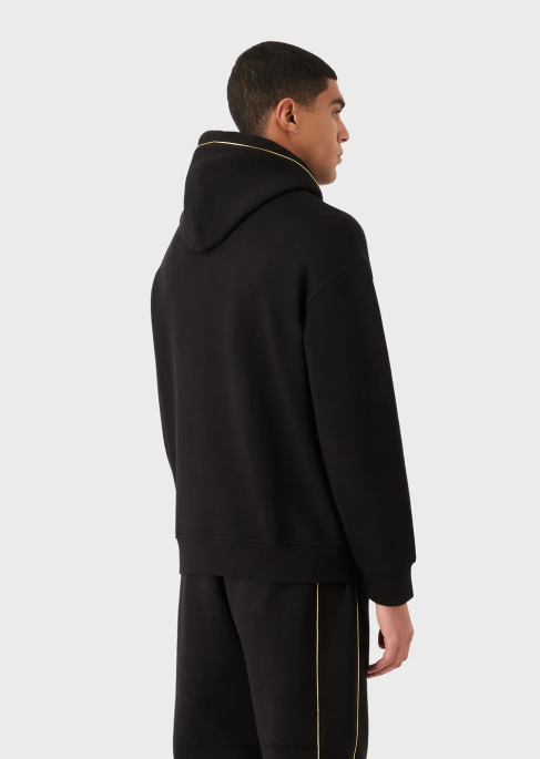 erkekler Armani altın detaylı ve logolu çift jarse kapüşonlu sweatshirt siyah T8HD1582