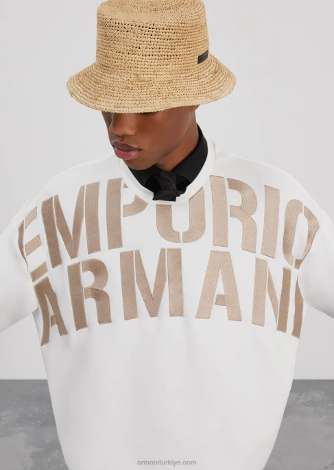erkekler Armani büyük beden logo işlemeli çift jarse sweatshirt beyaz T8HD1580