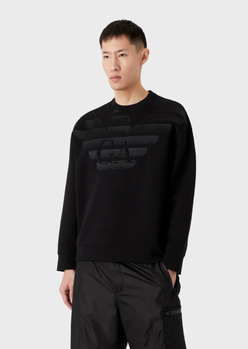 erkekler Armani büyük beden logo işlemeli çift jarse sweatshirt siyah T8HD1579
