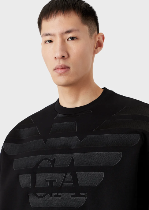 erkekler Armani büyük beden logo işlemeli çift jarse sweatshirt siyah T8HD1579