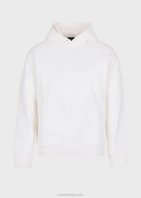 erkekler Armani büyük beden renk uyumlu kamuflaj işlemeli kapüşonlu sweatshirt beyaz T8HD1593