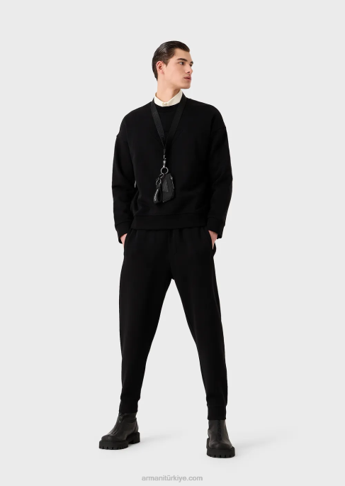 erkekler Armani büyük boy kabartmalı logo süslemeli ağır jarse sweatshirt siyah T8HD1577