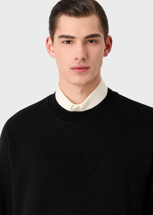 erkekler Armani büyük boy kabartmalı logo süslemeli ağır jarse sweatshirt siyah T8HD1577