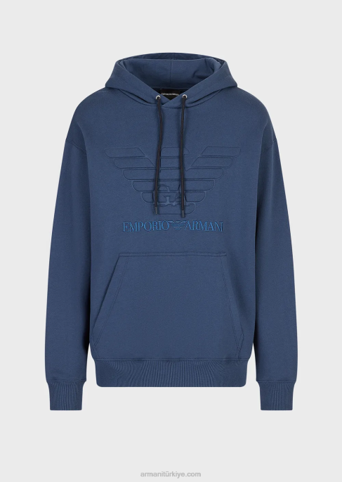 erkekler Armani büyük boy kartal kabartmalı kapüşonlu sweatshirt lacivert T8HD1575