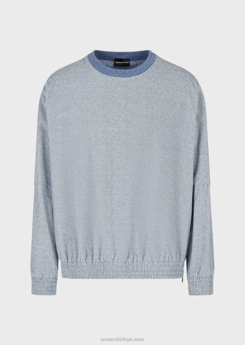 erkekler Armani denim efektli baskılı kadife sweatshirt masmavi T8HD1407