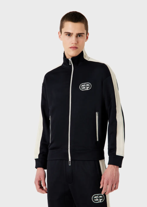 erkekler Armani çizgili ve ea yamalı jarseden tam fermuarlı sweatshirt lacivert T8HD1376