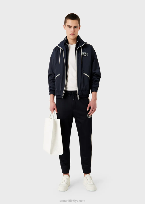 erkekler Armani çizgili ve ea yamalı jarseden tam fermuarlı sweatshirt lacivert T8HD1376