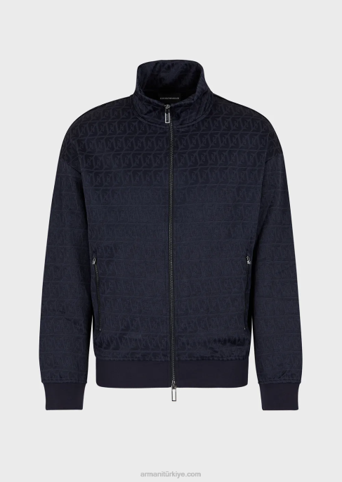 erkekler Armani kabartmalı jakarlı stilize kartal ve logo işlemeli tam fermuarlı jarse sweatshirt lacivert T8HD1398