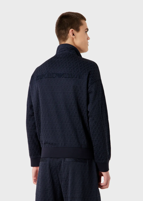 erkekler Armani kabartmalı jakarlı stilize kartal ve logo işlemeli tam fermuarlı jarse sweatshirt lacivert T8HD1398