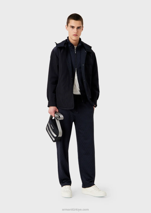 erkekler Armani kabartmalı jakarlı stilize kartal ve logo işlemeli tam fermuarlı jarse sweatshirt lacivert T8HD1398