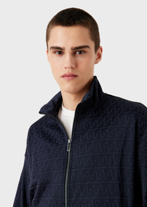 erkekler Armani kabartmalı jakarlı stilize kartal ve logo işlemeli tam fermuarlı jarse sweatshirt lacivert T8HD1398