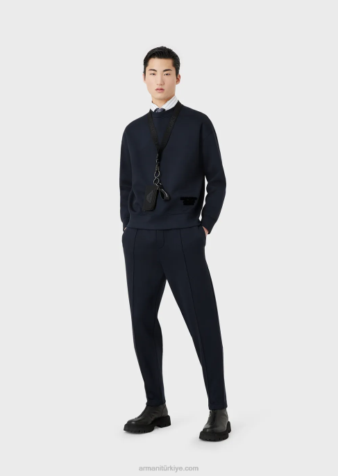 erkekler Armani kabartmalı kumaş logolu modal jarse sweatshirt lacivert T8HD1410