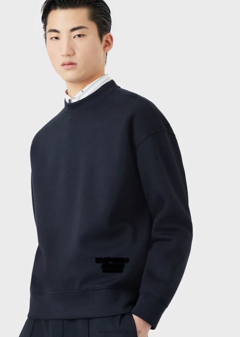 erkekler Armani kabartmalı kumaş logolu modal jarse sweatshirt lacivert T8HD1410