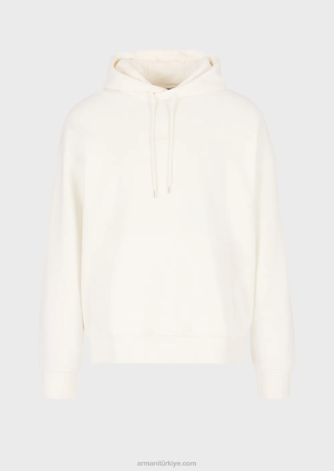 erkekler Armani kalın kauçuk logolu ağır jarse kapüşonlu sweatshirt beyaz T8HD1419