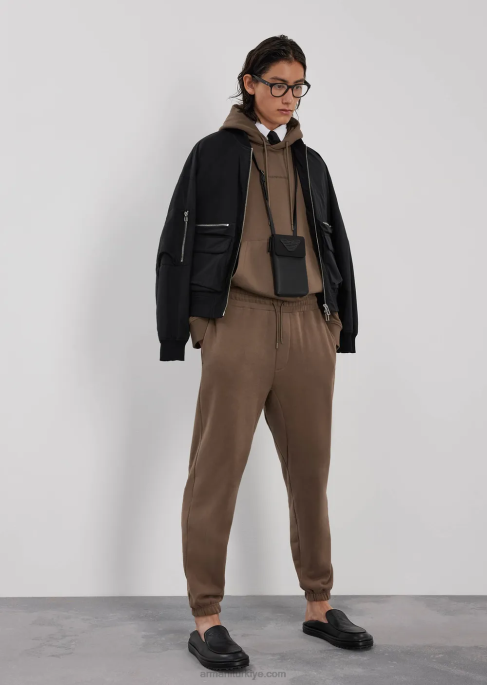 erkekler Armani kalın kauçuk logolu ağır jarse kapüşonlu sweatshirt güvercin grisi T8HD1420