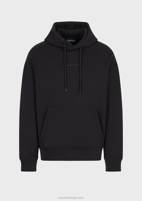 erkekler Armani kalın kauçuk logolu ağır jarse kapüşonlu sweatshirt lacivert T8HD1421