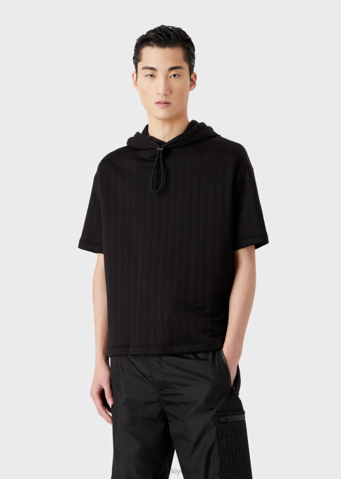 erkekler Armani kapitone jarseden kısa kollu kapüşonlu sweatshirt siyah T8HD1427