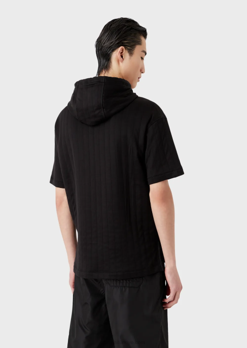 erkekler Armani kapitone jarseden kısa kollu kapüşonlu sweatshirt siyah T8HD1427