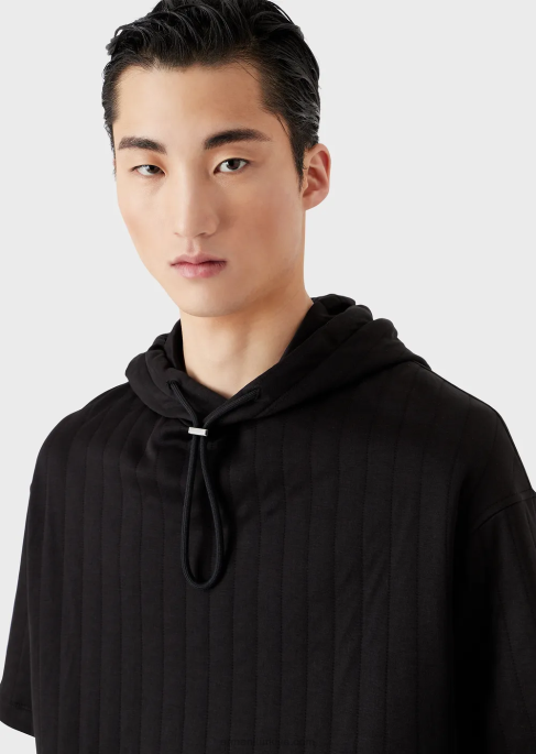 erkekler Armani kapitone jarseden kısa kollu kapüşonlu sweatshirt siyah T8HD1427